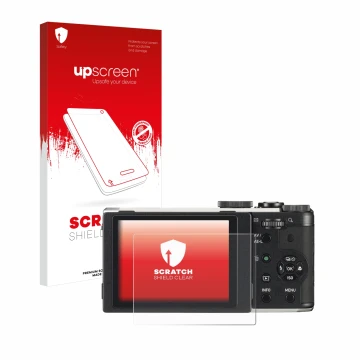 Parte frontale di una confezione del prodotto con il logo del marchio upscreen. Accanto è raffigurato il dispositivo Pentax MX