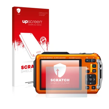 Parte frontale di una confezione del prodotto con il logo del marchio upscreen. Accanto è raffigurato il dispositivo Panasonic