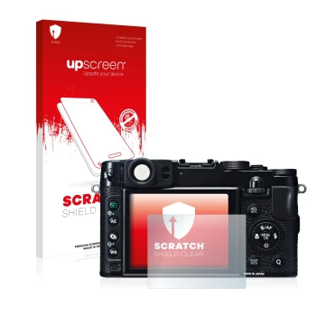 Parte frontale di una confezione del prodotto con il logo del marchio upscreen. Accanto è raffigurato il dispositivo Fujifilm 