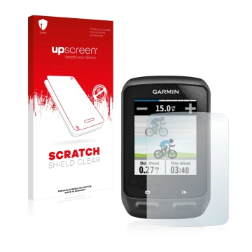 Parte frontale di una confezione del prodotto con il logo del marchio upscreen. Accanto è raffigurato il dispositivo Garmin Ed
