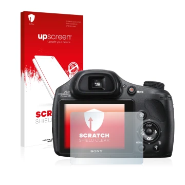 Parte frontale di una confezione del prodotto con il logo del marchio upscreen. Accanto è raffigurato il dispositivo Sony Cybe