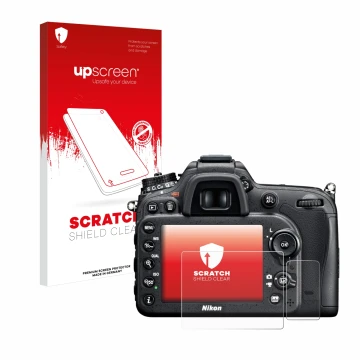 Parte frontale di una confezione del prodotto con il logo del marchio upscreen. Accanto è raffigurato il dispositivo Nikon D71