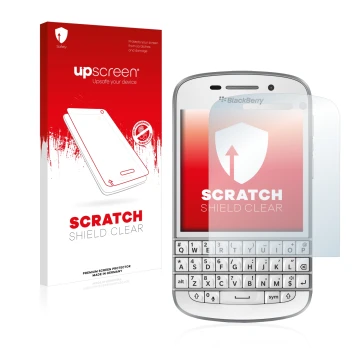 Parte frontale di una confezione del prodotto con il logo del marchio upscreen. Accanto è raffigurato il dispositivo BlackBerr