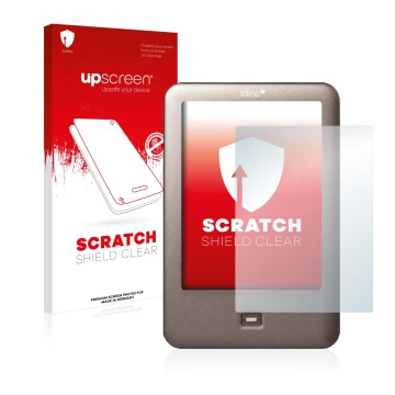 Parte frontale di una confezione del prodotto con il logo del marchio upscreen. Accanto è raffigurato il dispositivo Tolino Sh