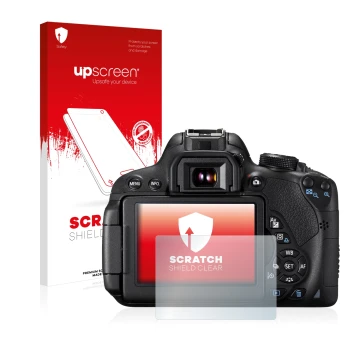 Parte frontale di una confezione del prodotto con il logo del marchio upscreen. Accanto è raffigurato il dispositivo Canon EOS