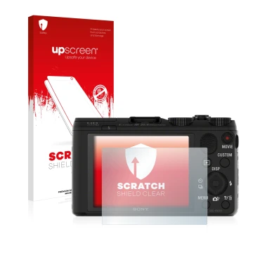 Parte frontale di una confezione del prodotto con il logo del marchio upscreen. Accanto è raffigurato il dispositivo Sony Cybe