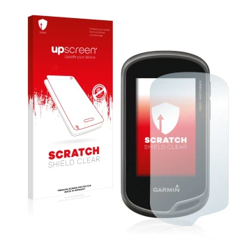 Parte frontale di una confezione del prodotto con il logo del marchio upscreen. Accanto è raffigurato il dispositivo Garmin Or
