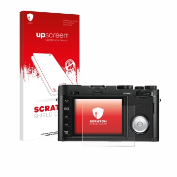 Parte frontale di una confezione del prodotto con il logo del marchio upscreen. Accanto è raffigurato il dispositivo Leica X V