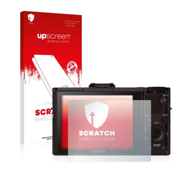 Parte frontale di una confezione del prodotto con il logo del marchio upscreen. Accanto è raffigurato il dispositivo Sony Cybe