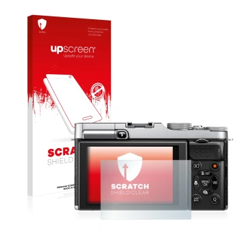 Parte frontale di una confezione del prodotto con il logo del marchio upscreen. Accanto è raffigurato il dispositivo Fujifilm 