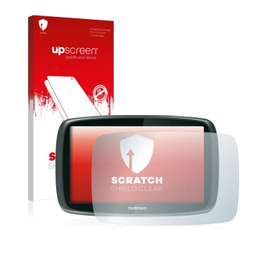 Parte frontale di una confezione del prodotto con il logo del marchio upscreen. Accanto è raffigurato il dispositivo TomTom GO