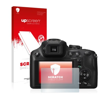 Parte frontale di una confezione del prodotto con il logo del marchio upscreen. Accanto è raffigurato il dispositivo Panasonic