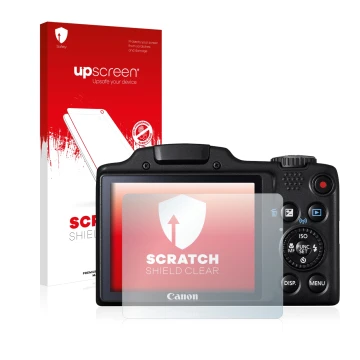 Parte frontale di una confezione del prodotto con il logo del marchio upscreen. Accanto è raffigurato il dispositivo Canon Pow
