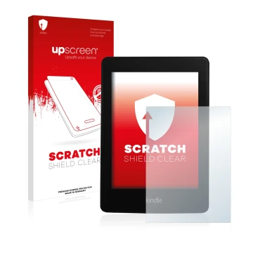 Parte frontale di una confezione del prodotto con il logo del marchio upscreen. Accanto è raffigurato il dispositivo Amazon Ki