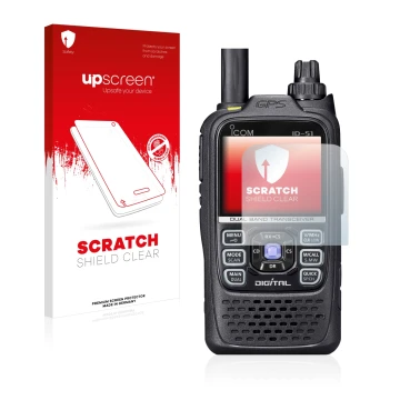 Parte frontale di una confezione del prodotto con il logo del marchio upscreen. Accanto è raffigurato il dispositivo Icom ID-5