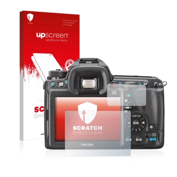 Parte frontale di una confezione del prodotto con il logo del marchio upscreen. Accanto è raffigurato il dispositivo Pentax K3