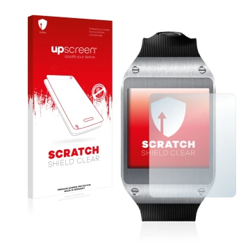 Parte frontale di una confezione del prodotto con il logo del marchio upscreen. Accanto è raffigurato il dispositivo Samsung G