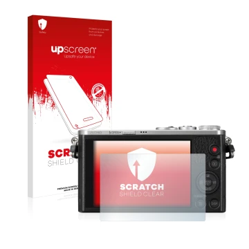 Parte frontale di una confezione del prodotto con il logo del marchio upscreen. Accanto è raffigurato il dispositivo Panasonic