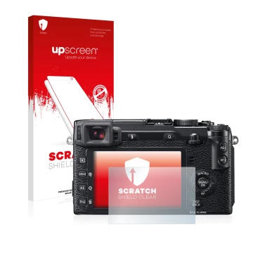 Parte frontale di una confezione del prodotto con il logo del marchio upscreen. Accanto è raffigurato il dispositivo Fujifilm 