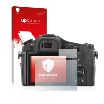 Parte frontale di una confezione del prodotto con il logo del marchio upscreen. Accanto è raffigurato il dispositivo Sony Cybe