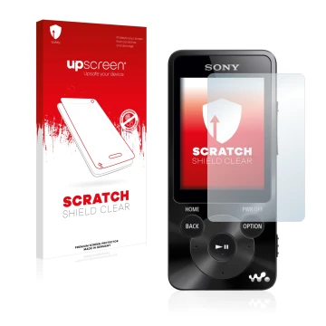 Parte frontale di una confezione del prodotto con il logo del marchio upscreen. Accanto è raffigurato il dispositivo Sony Walk