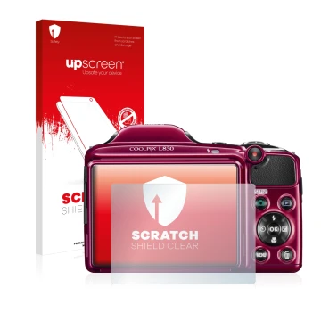 Parte frontale di una confezione del prodotto con il logo del marchio upscreen. Accanto è raffigurato il dispositivo Nikon Coo