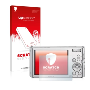 Parte frontale di una confezione del prodotto con il logo del marchio upscreen. Accanto è raffigurato il dispositivo Sony Cybe