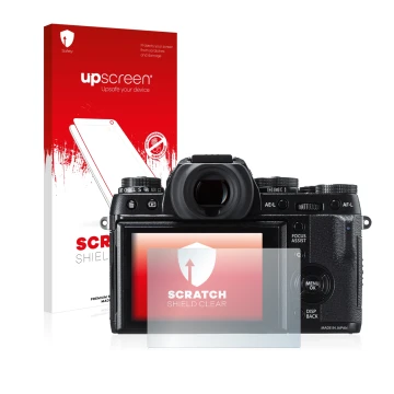 Parte frontale di una confezione del prodotto con il logo del marchio upscreen. Accanto è raffigurato il dispositivo Fujifilm 