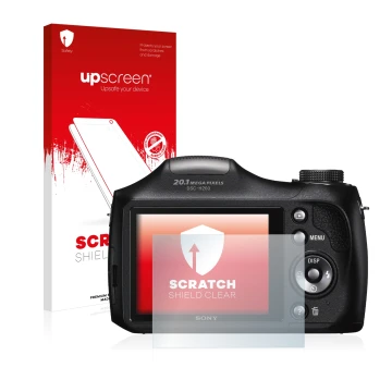 Parte frontale di una confezione del prodotto con il logo del marchio upscreen. Accanto è raffigurato il dispositivo Sony Cybe