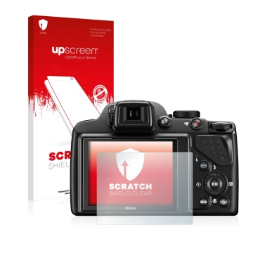 Parte frontale di una confezione del prodotto con il logo del marchio upscreen. Accanto è raffigurato il dispositivo Nikon Coo
