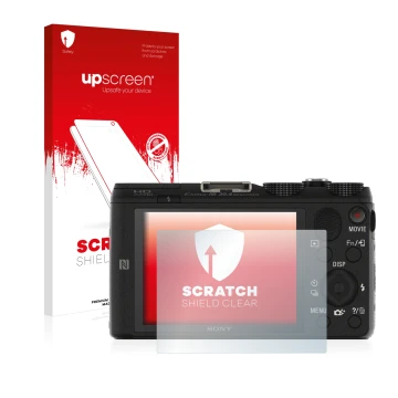 Parte frontale di una confezione del prodotto con il logo del marchio upscreen. Accanto è raffigurato il dispositivo Sony Cybe