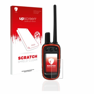 Parte frontale di una confezione del prodotto con il logo del marchio upscreen. Accanto è raffigurato il dispositivo Garmin Al