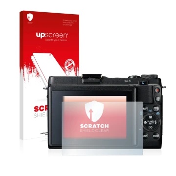 Parte frontale di una confezione del prodotto con il logo del marchio upscreen. Accanto è raffigurato il dispositivo Canon Pow