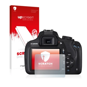 Parte frontale di una confezione del prodotto con il logo del marchio upscreen. Accanto è raffigurato il dispositivo Canon EOS