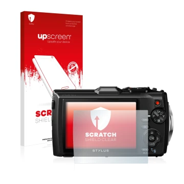 Parte frontale di una confezione del prodotto con il logo del marchio upscreen. Accanto è raffigurato il dispositivo Olympus S