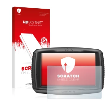 Parte frontale di una confezione del prodotto con il logo del marchio upscreen. Accanto è raffigurato il dispositivo Garmin zu
