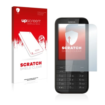 Parte frontale di una confezione del prodotto con il logo del marchio upscreen. Accanto è raffigurato il dispositivo Nokia 225