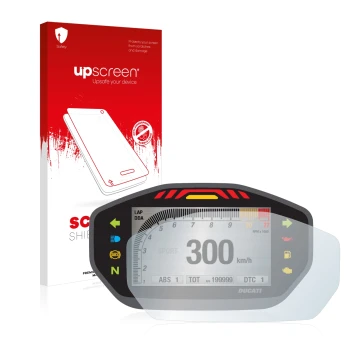 Parte frontale di una confezione del prodotto con il logo del marchio upscreen. Accanto è raffigurato il dispositivo Ducati Mo