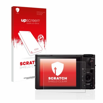 Parte frontale di una confezione del prodotto con il logo del marchio upscreen. Accanto è raffigurato il dispositivo Sony Cybe