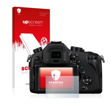 Parte frontale di una confezione del prodotto con il logo del marchio upscreen. Accanto è raffigurato il dispositivo Panasonic