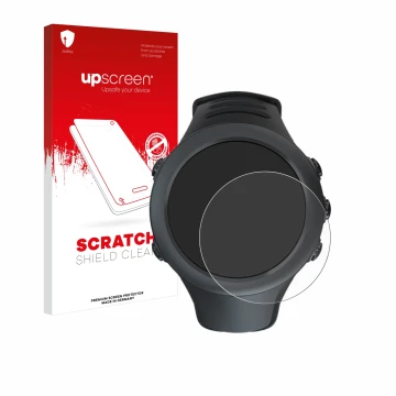 Parte frontale di una confezione del prodotto con il logo del marchio upscreen. Accanto è raffigurato il dispositivo Suunto Am
