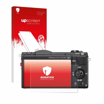 Parte frontale di una confezione del prodotto con il logo del marchio upscreen. Accanto è raffigurato il dispositivo Sony Alph