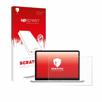 Parte frontale di una confezione del prodotto con il logo del marchio upscreen. Accanto è raffigurato il dispositivo Apple Mac