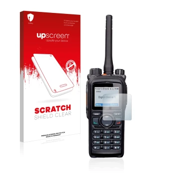 Parte frontale di una confezione del prodotto con il logo del marchio upscreen. Accanto è raffigurato il dispositivo Hytera PD