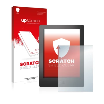 Parte frontale di una confezione del prodotto con il logo del marchio upscreen. Accanto è raffigurato il dispositivo Kobo Aura