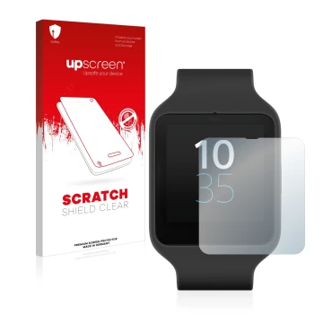 Parte frontale di una confezione del prodotto con il logo del marchio upscreen. Accanto è raffigurato il dispositivo Sony Smar