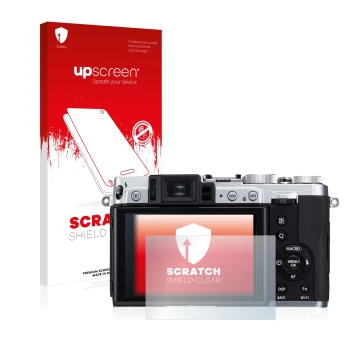 Parte frontale di una confezione del prodotto con il logo del marchio upscreen. Accanto è raffigurato il dispositivo Fujifilm 