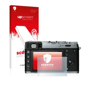 Parte frontale di una confezione del prodotto con il logo del marchio upscreen. Accanto è raffigurato il dispositivo Fujifilm 