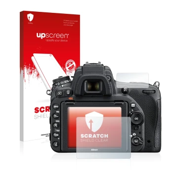 Parte frontale di una confezione del prodotto con il logo del marchio upscreen. Accanto è raffigurato il dispositivo Nikon D75