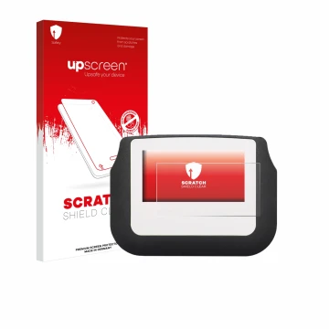 Parte frontale di una confezione del prodotto con il logo del marchio upscreen. Accanto è raffigurato il dispositivo Signotec 